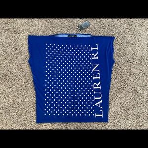 Lauren Ralph Lauren Polka Dot Logo Jersey Top Sapphire Star White Petite Medium